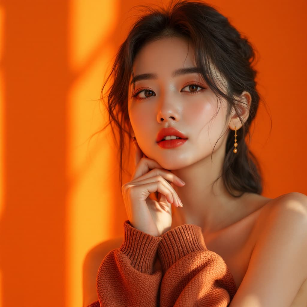 AI generated: photography, orange hue, korean woman model, solid orange backdrop, using a camera setup that mimics...