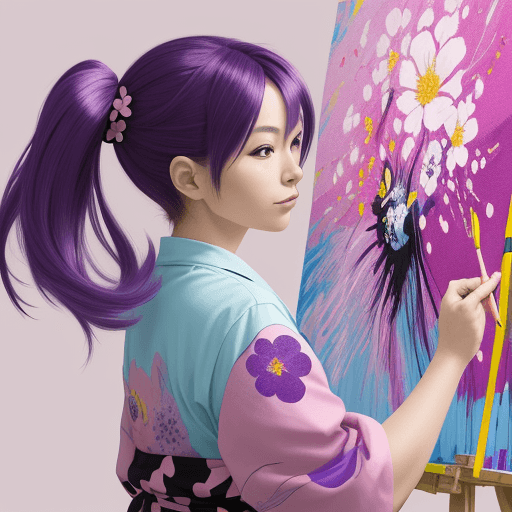 AI generated: A vibrant painter creating an abstract masterpiece, with colorful hair, Longshot, in the style of Ka...
