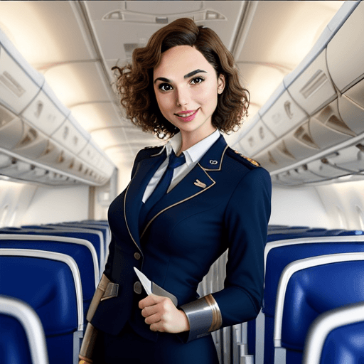 AI generated: gal gadot,  (white flight attendant uniform), looking at viewer, smiling, happy, curly blond short h...