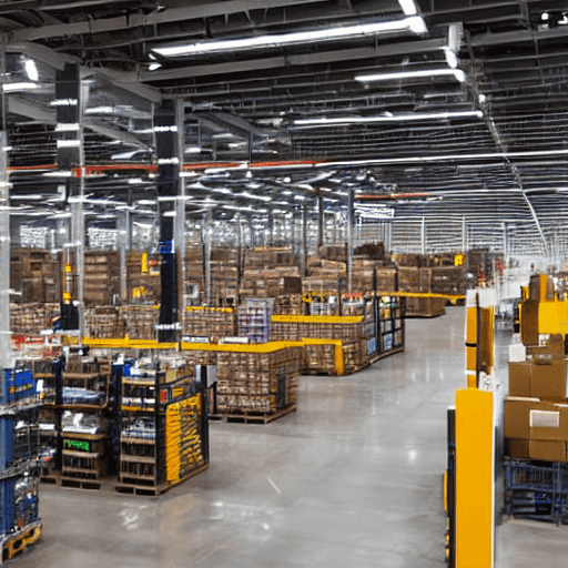 AI generated: amazon warehouse full of products on shelves and 2 workers with radio frequency terminal in a hand, ...
