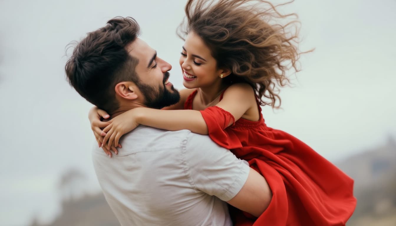 AI generated: a man holds his beloved girl in a red dress, who jumped on him and hugged him with her arms and legs