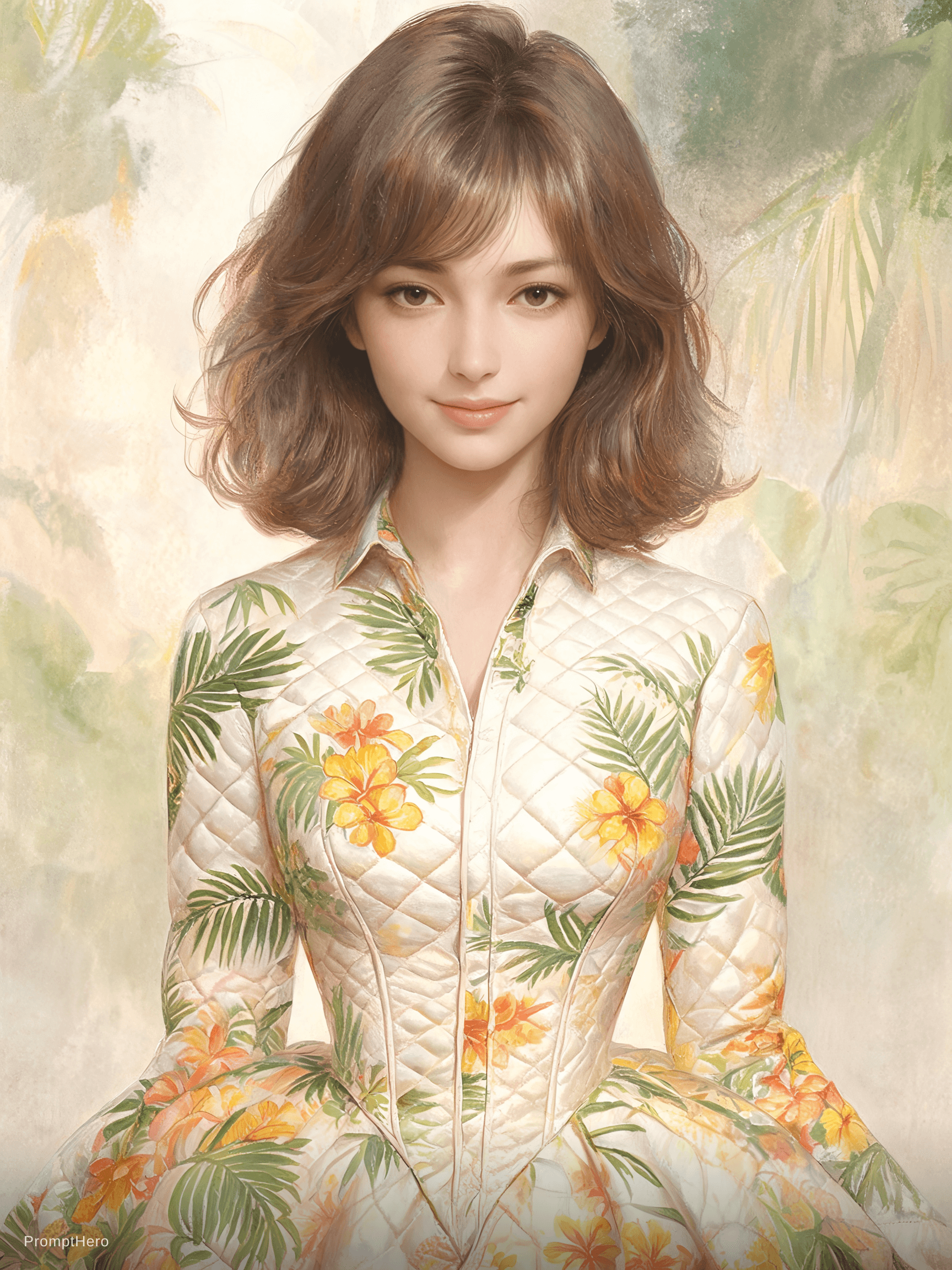 AI generated: A waist up portrait of a beautiful woman, wearing Pe'a - a variation of the holok gown with a fitted...