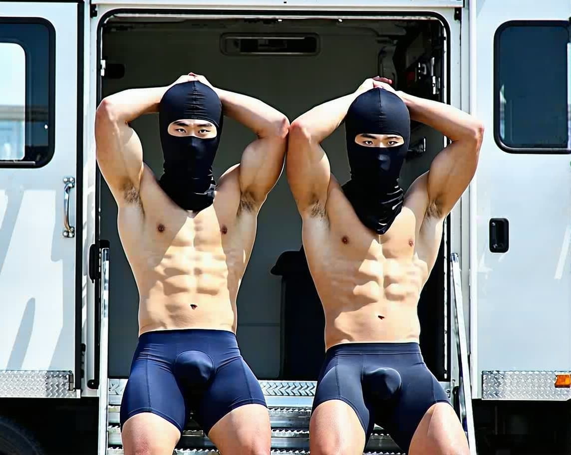 AI generated: Two male Chinese strong swimmers wearing compression swimming jammer shorts in navy color were arres...