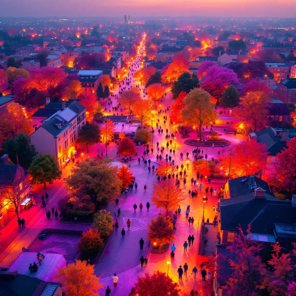 AI generated: A heat camera view of a thriving community — seen from above like a thermal map. Vibrant thermal col...