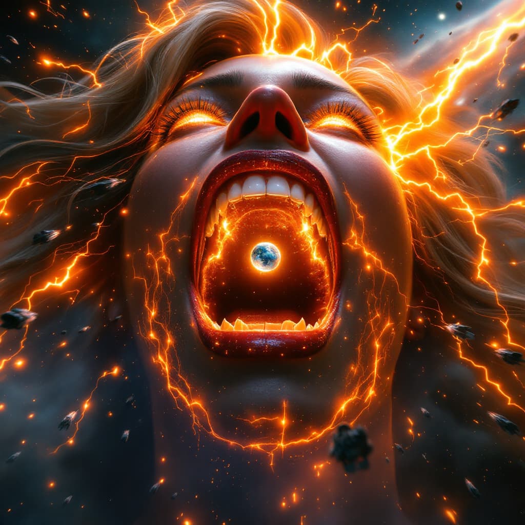 AI generated: enormous giantess captain marvel
bigger than a galaxy floating in space, minuscule planets in front ...