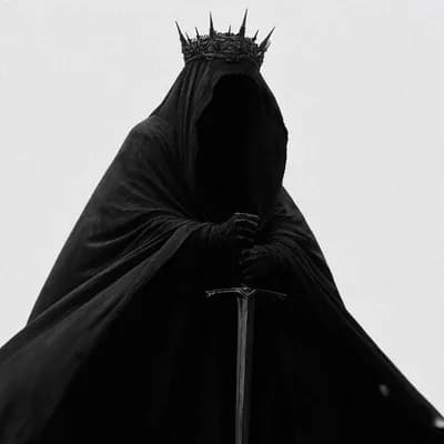 AI generated video: A dark, faceless humanoid figure wearing a flowing black cloak and a spiked crown, standing still an...