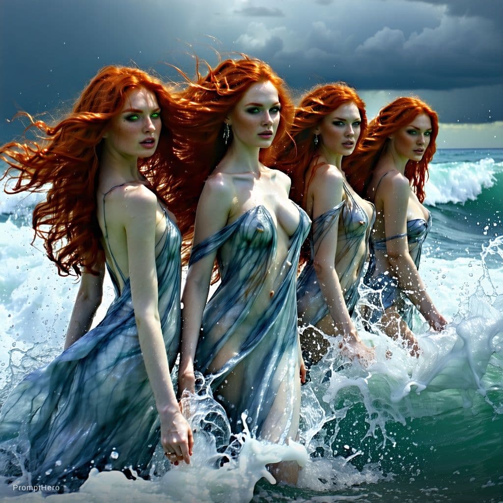 AI generated: Epic fantasy scene, four beautiful fiery red haired sea goddesses rising from the stormy ocean, long...