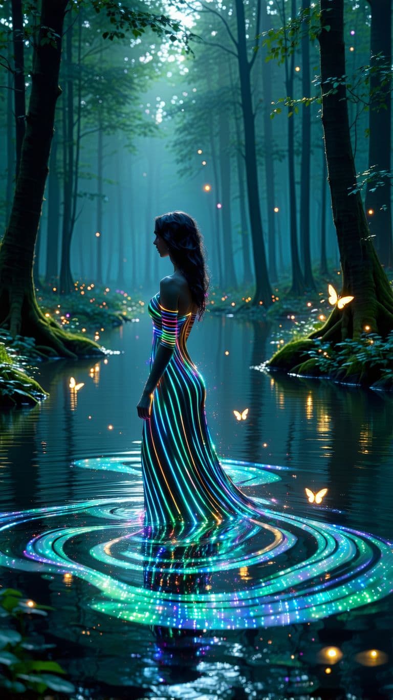 AI generated: Enhancing the surreal scene of the striped lady emerging from wavy striped liquid, let's add an elem...