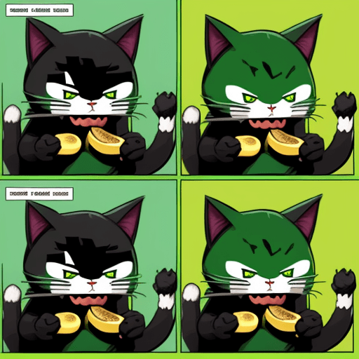 AI generated: Generate a comic about a green pixelated ninja cat eating a banana meeting another cat and laughing
