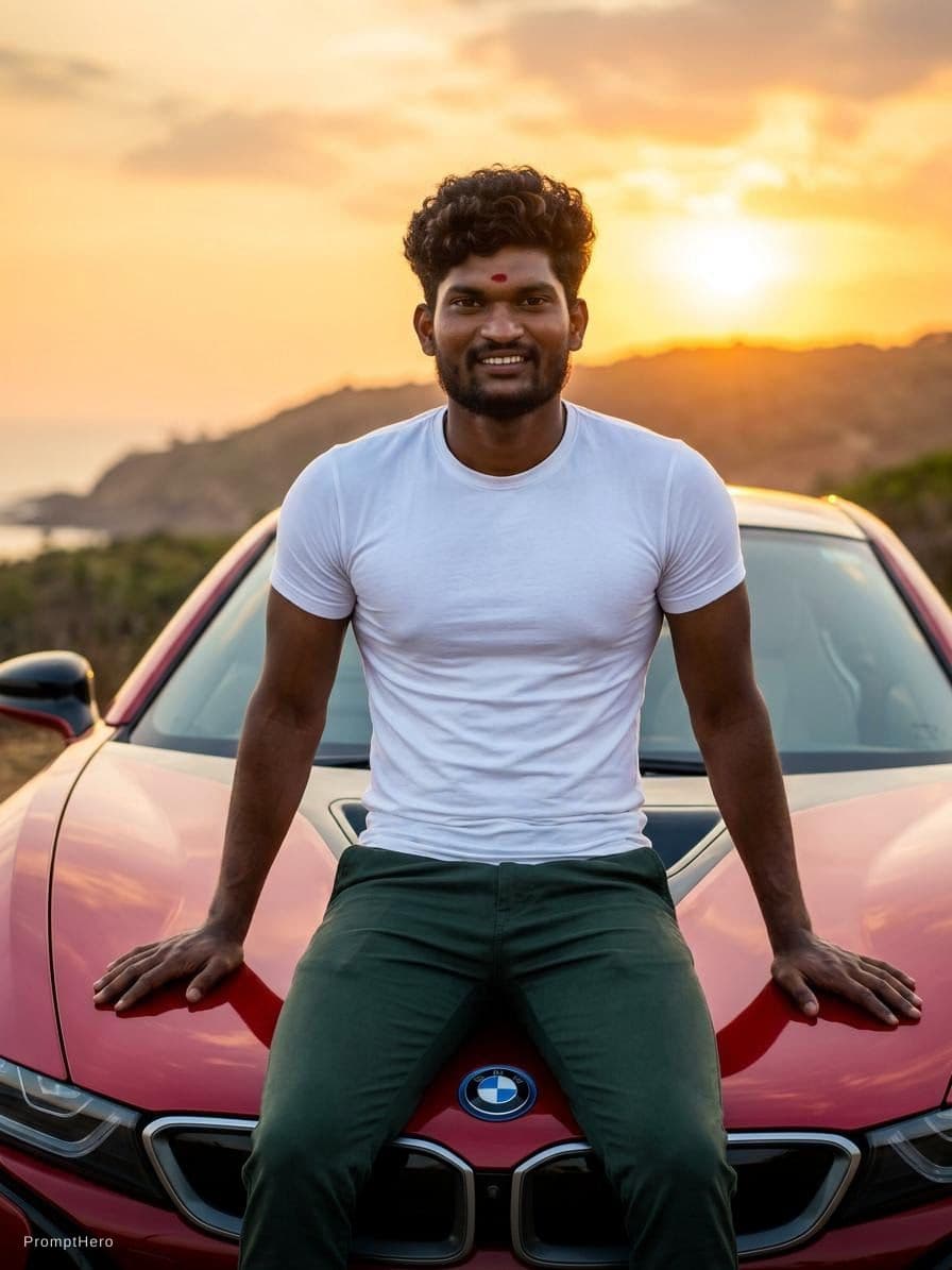 AI generated: I wante the boy site on the BMW I8 car bonnet.the car is red color.the nice sun set wante background...