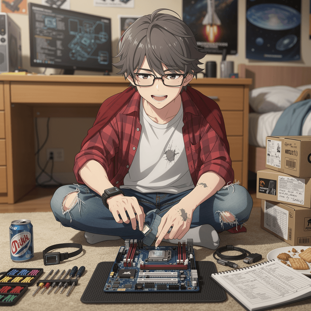 AI generated: Create an anime-style flashback scene of teenage Mason, approximately 16-17 years old, building his ...