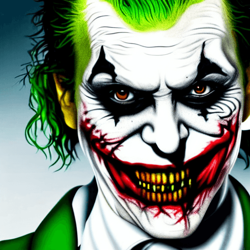 AI generated: Close up detailed portrait of The Joker, with Chalk-white skin, cracked smeared, and runny layer of ...