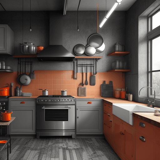 AI generated: an industrial kitchen in chaos , There is parquet on the walls, scoops and spatula-like items are ha...