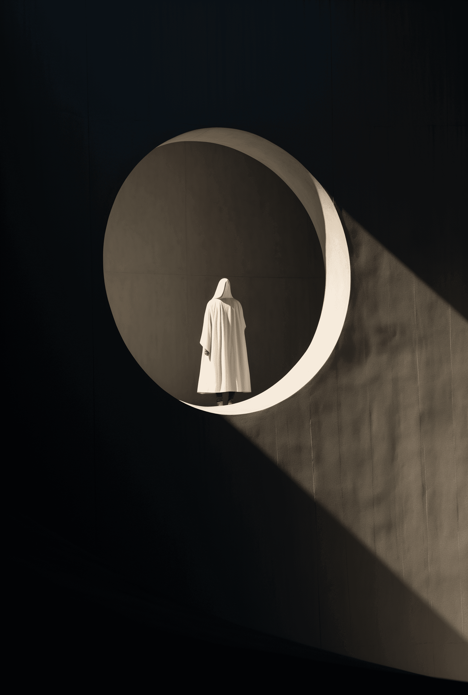 AI generated: A tiny figure of Jesus in white linen, standing on the edge of an enormous triangle-shaped hole cut ...