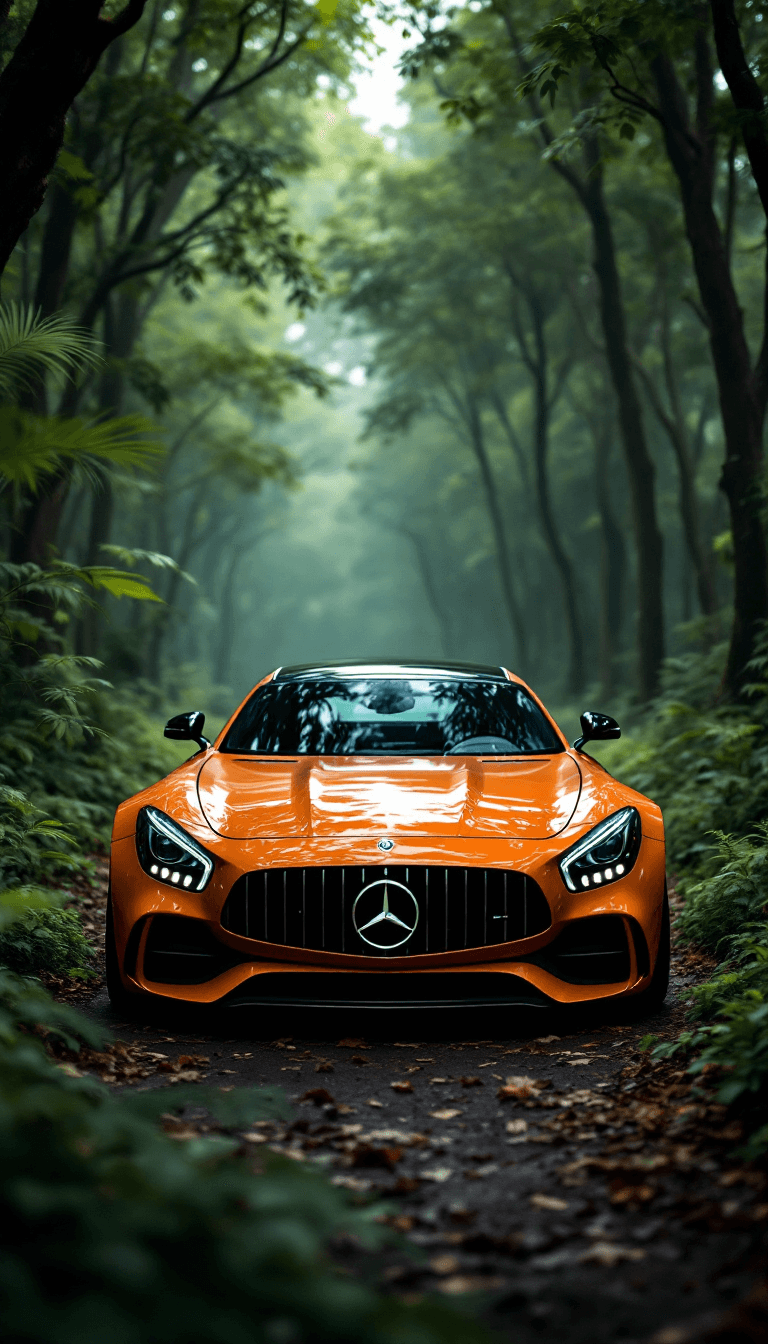 AI generated: High automotive symmetrical close-up portrait shoot of a black orange mercedes-amg GT standing in th...