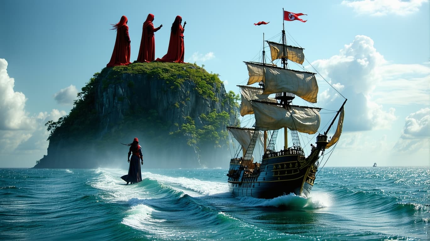 AI generated: An island of three photo-realistic beautiful sirens singing a song to lure in passing sailors. A shi...