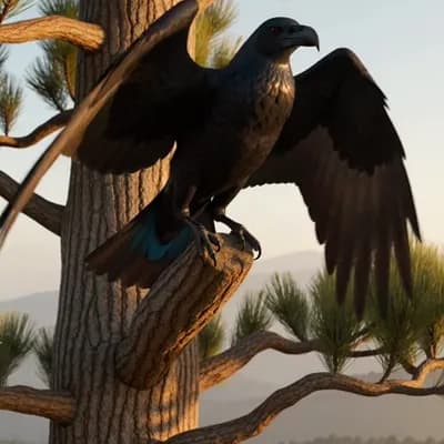 AI generated video: Master Prompt: "Cinematic slow-motion shot, wide angle, of a powerful Raven taking flight from an an...