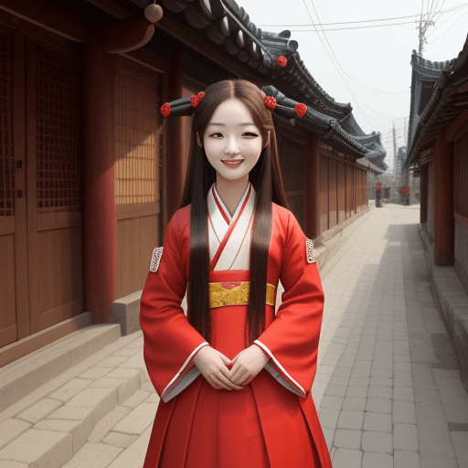 AI generated: cute 1500s korean beautiful 20years old girl, hight: 170cm, korea transitional red dress, long hair,...