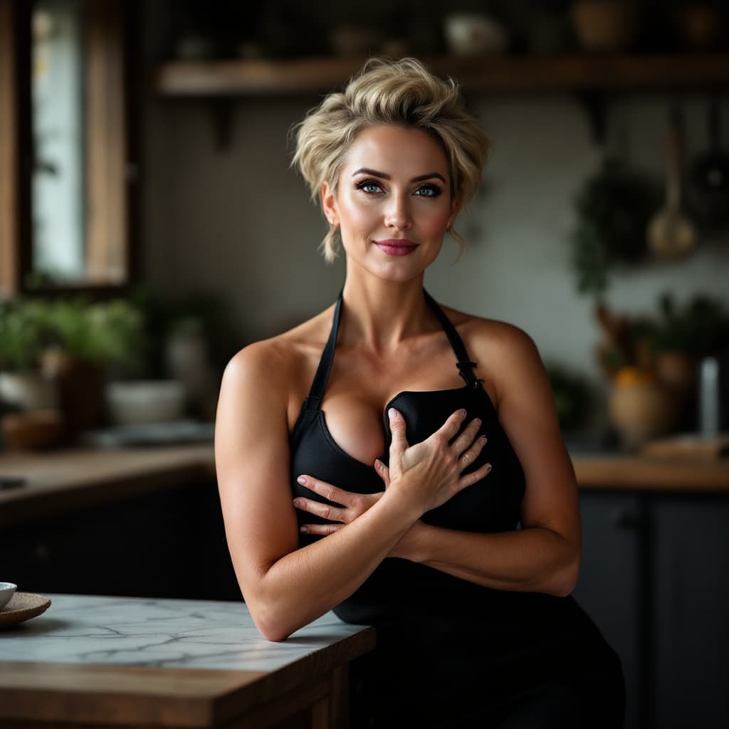 AI generated:  50 years old mature woman, curve   body, blonde pixie hair, wearing only black apron  in the kitche...