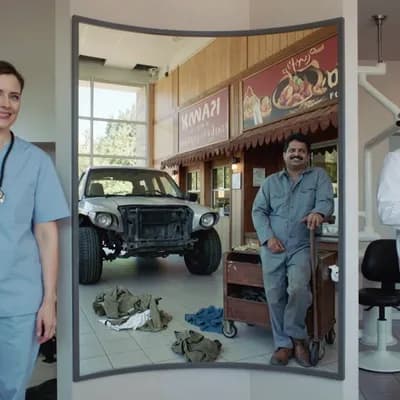 AI generated video: A hyper realistic, photorealistic TV commercial. You see business owners standing in front of their ...