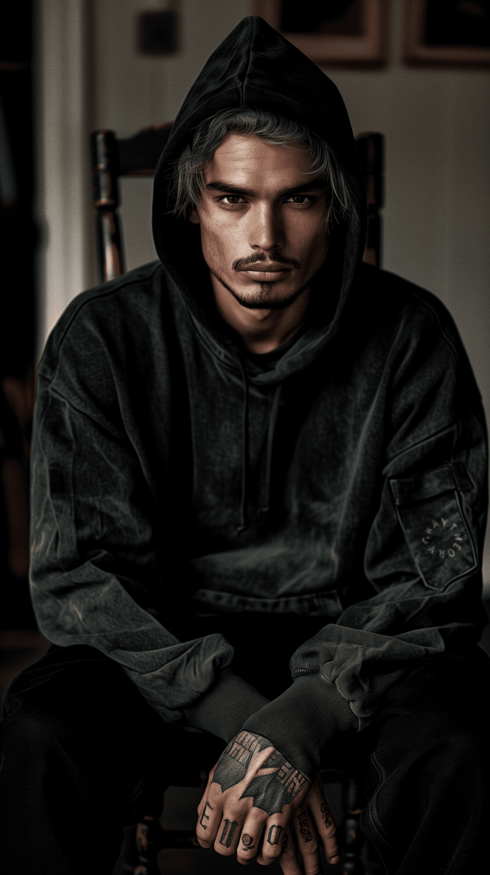 AI generated: photography, long-distance shot, man model, seated on chair, green long undercut, dark deep forest c...