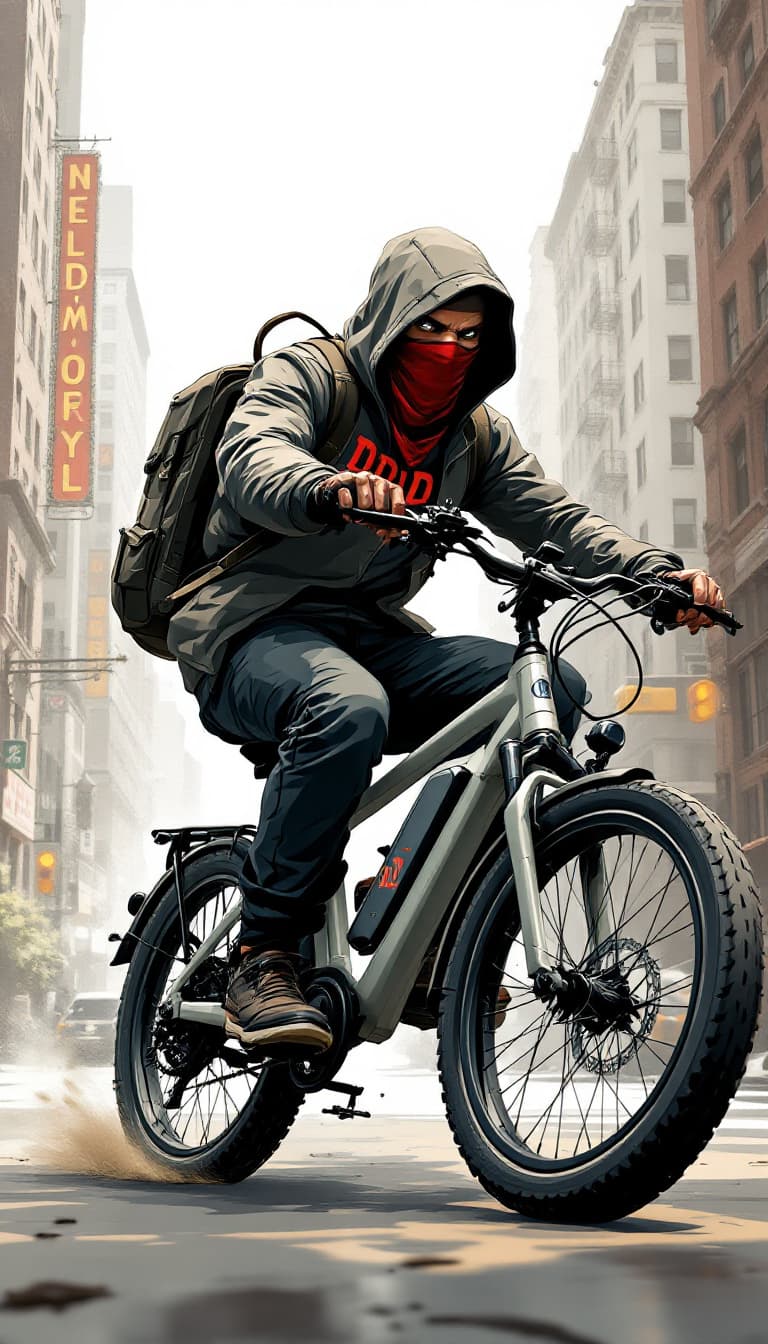 AI generated: Full body shoot image of an animation male hooded character with covered mouth bandana ridding a ele...