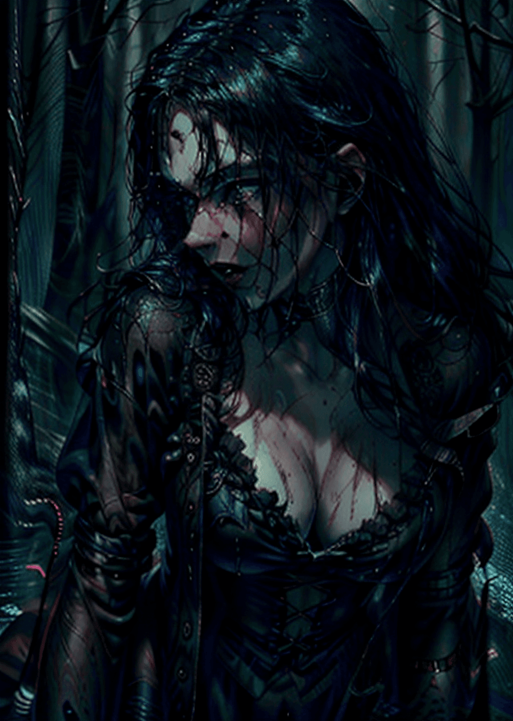 AI generated: beautiful sensuous white skin women, dark blue hair, crimson red eyes, charmer, alluring, queen vamp...