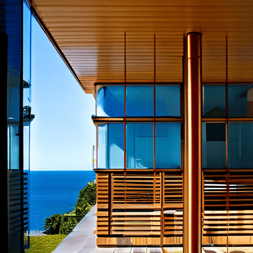 AI generated: Hyper realistic eye level exterior photo of a mid century modern style house overlooking the ocean, ...