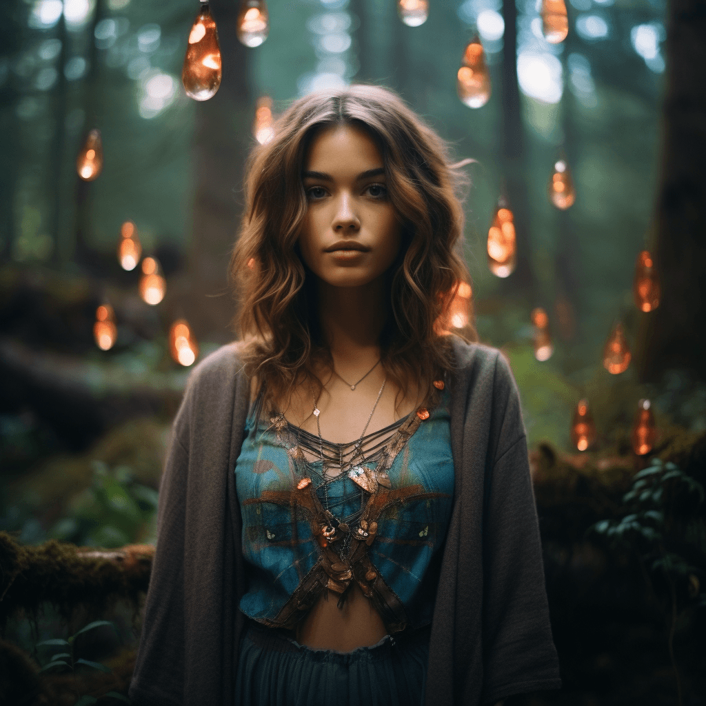AI generated: elfish woman wear a necklace with lighful stone in the middle and standing in a psychedelic forest. ...