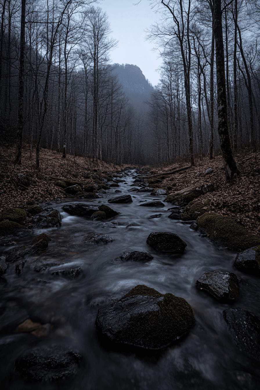 AI generated: A serene forest landscape with a gently flowing stream winding through the scene. Tall, leafless tre...