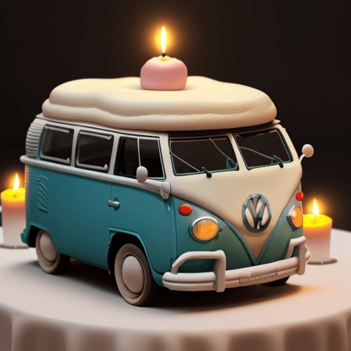 AI generated: a soft cake in the shape of an old volkswagen bulli, candles sticking in on the top