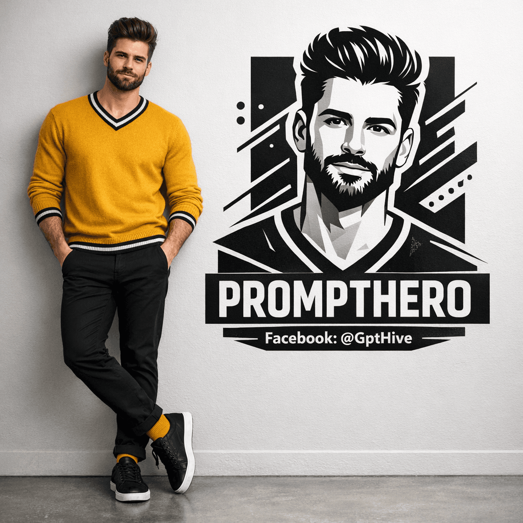 AI generated: "Ultra-realistic 8K full-body portrait of a stylish young man leaning casually against a clean light...