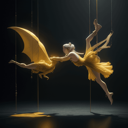 AI generated: a Shakespeare stage play, yellow mist, atmospheric, set design by Michel Crête, Aerial acrobatics de...
