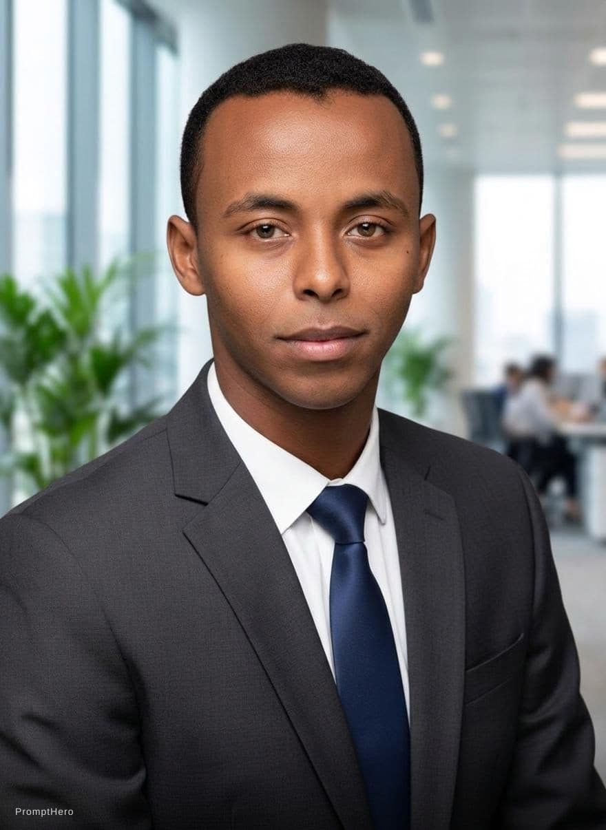 AI generated: clean shaven business man posing against office background