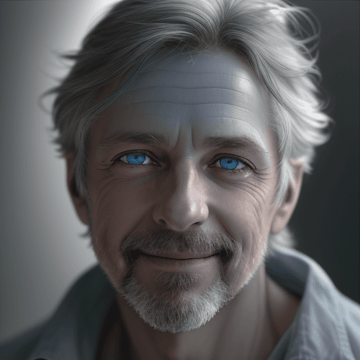 AI generated: colors, sharp light blue-grey eyes, A soul-stirring close-up portrait of a man, grins, his grace enh...