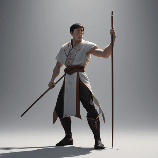 AI generated: A young man stands tall and strong like Jet Li and Jackie Chan mythology, holding spear held by his ...