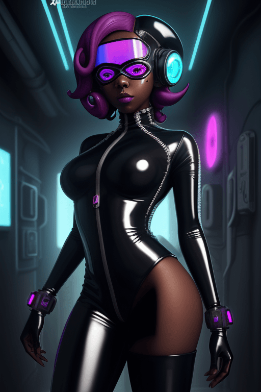 AI generated: Octoling, hypnosis, dark skin, latex, goggle, female, high tech, cyberpunk, femsub