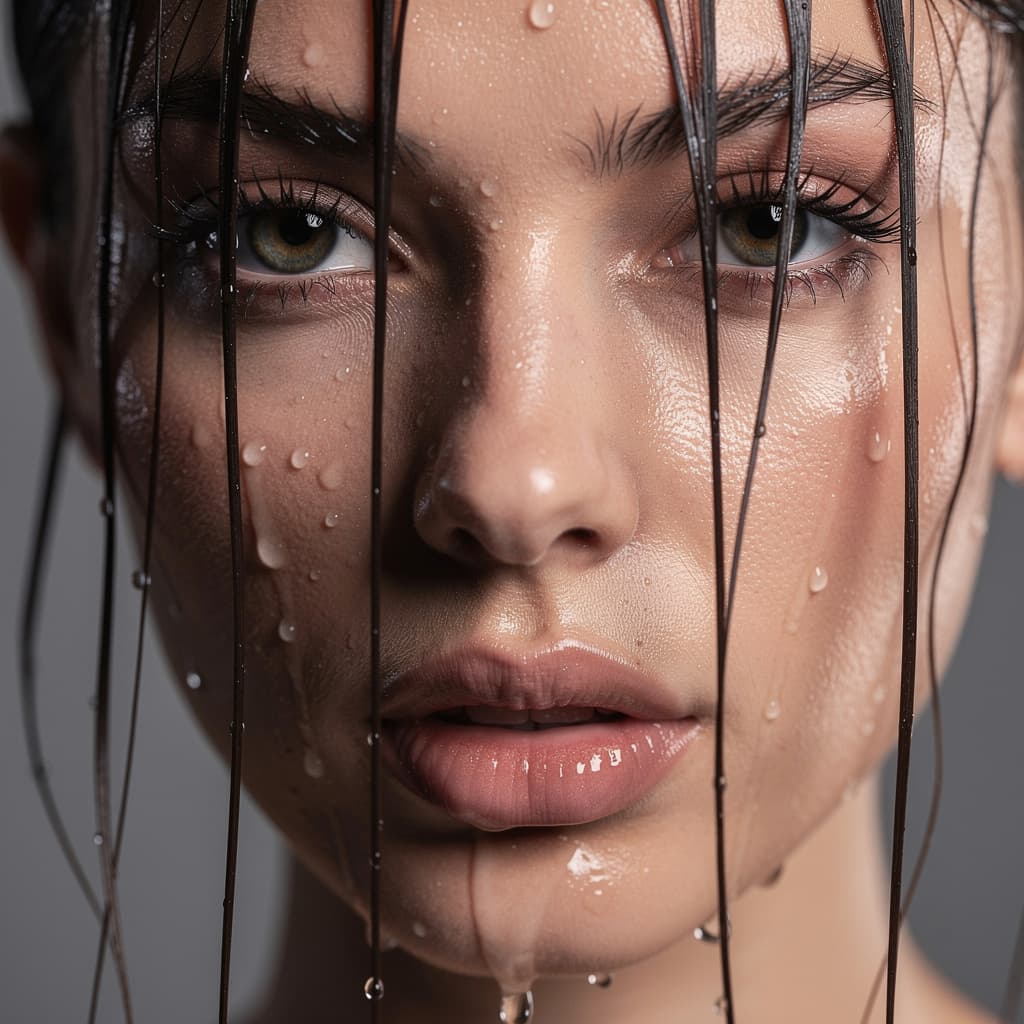 AI generated: An intense close-up portrait of a woman with wet hair hanging in strands across her face, water drop...