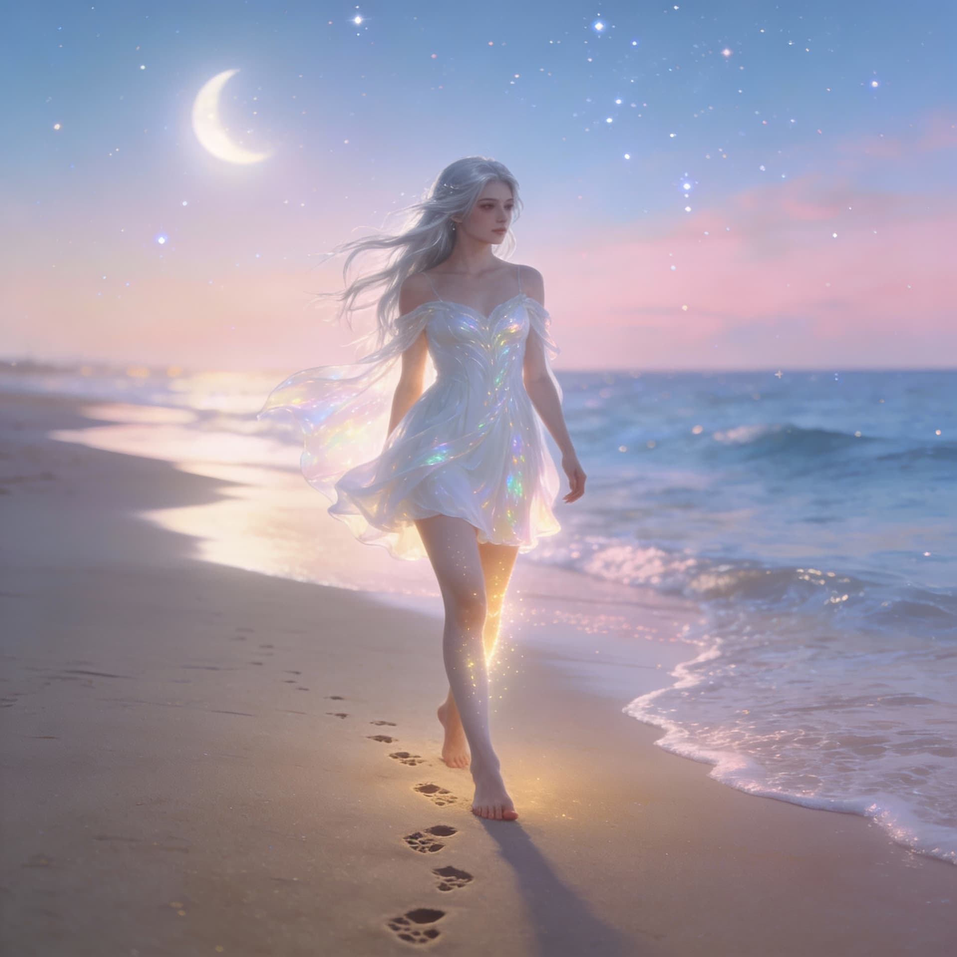 AI generated: create a image like godess fantasy in short dress and walk on beach aside