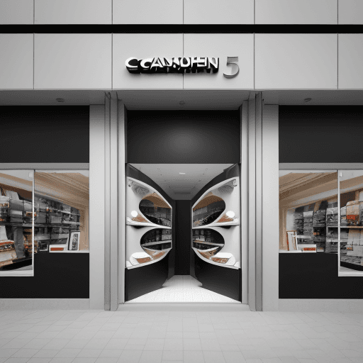 AI generated: photography, dynamic view, modernism mid-scale store facade design, Canon EOS 5D Mark IV, EF 24mm f/...