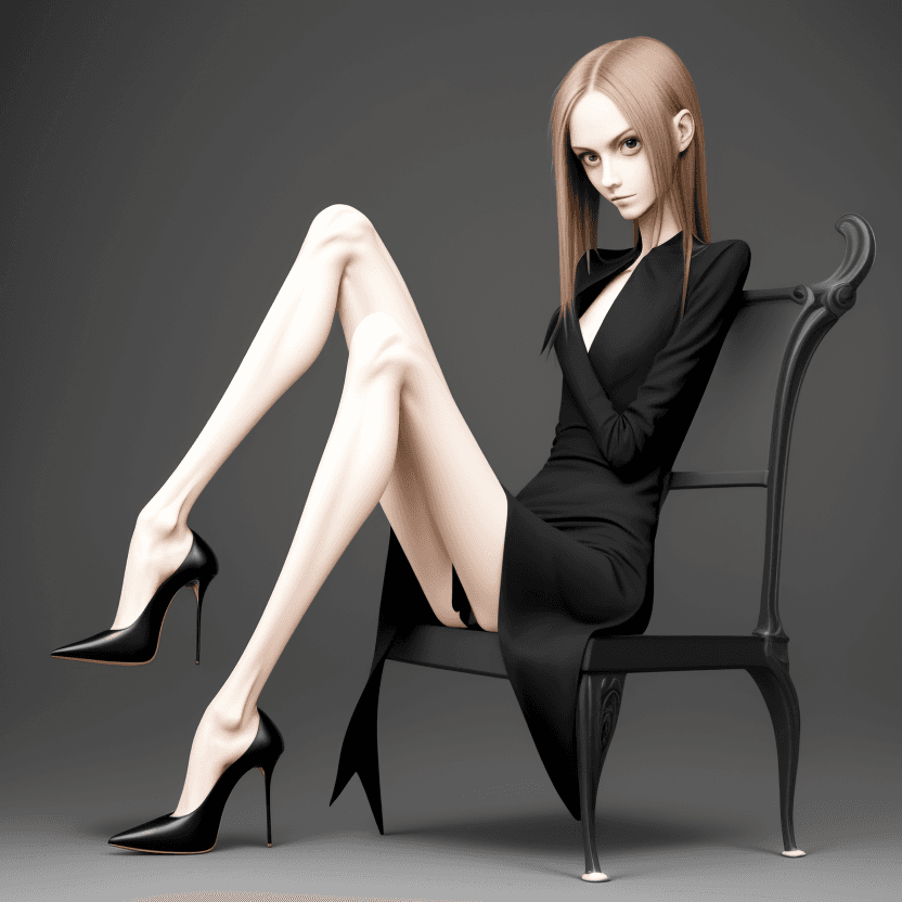 AI generated: very skinny anorexic legs  in high heels, high heels, sitting, the tips of the shoes are very long t...