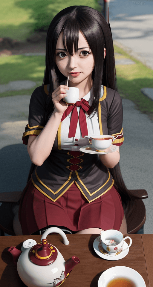 AI generated: Megumin from konosuba having a tea party with takagi-san 