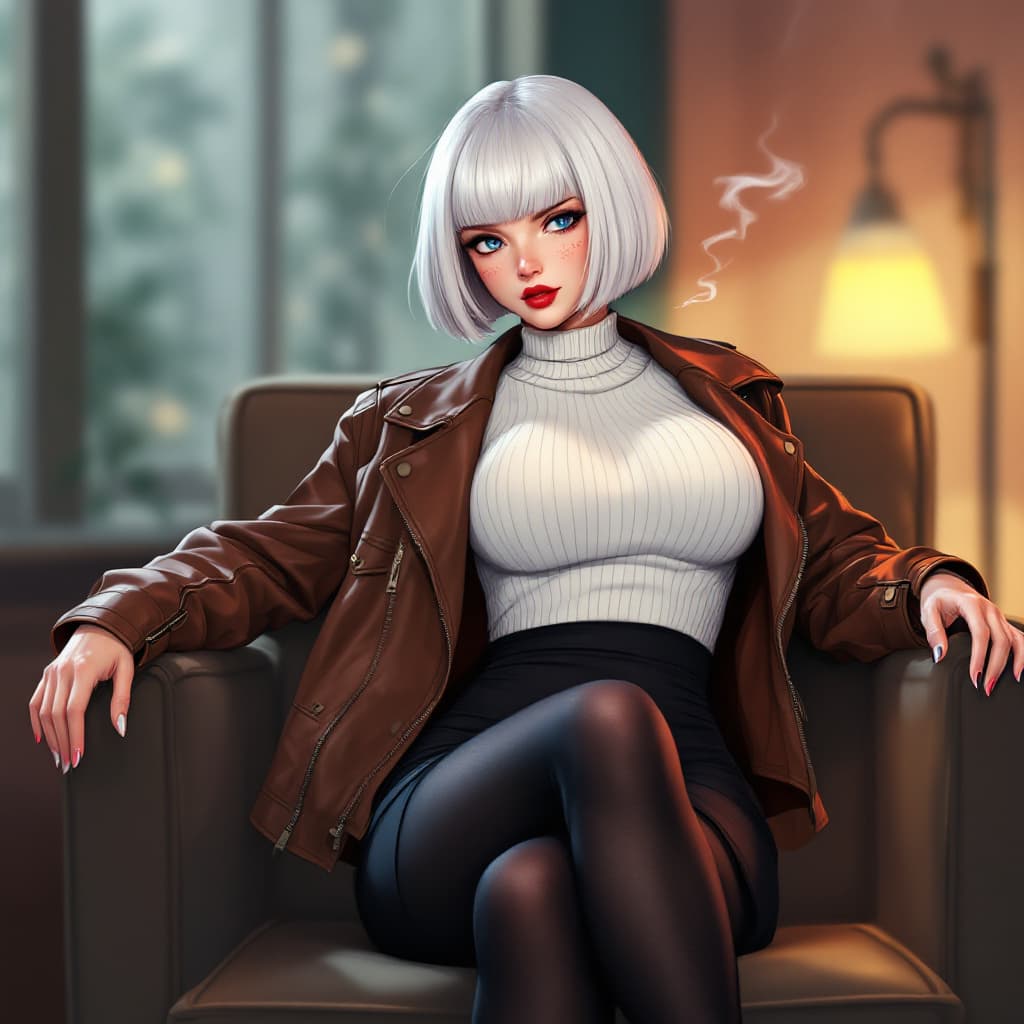 AI generated: anime, woman, white hair, bob cut, blue eyes, freckles, red lips, closed lips, white sweater, tight ...