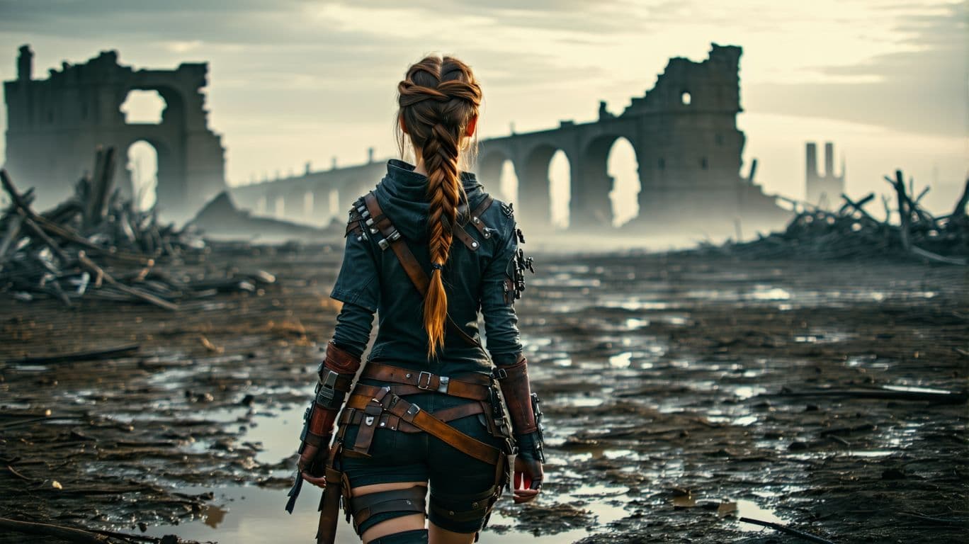 AI generated: A resilient wasteland scout, with weathered skin, a determined gaze and hair braided with found obje...