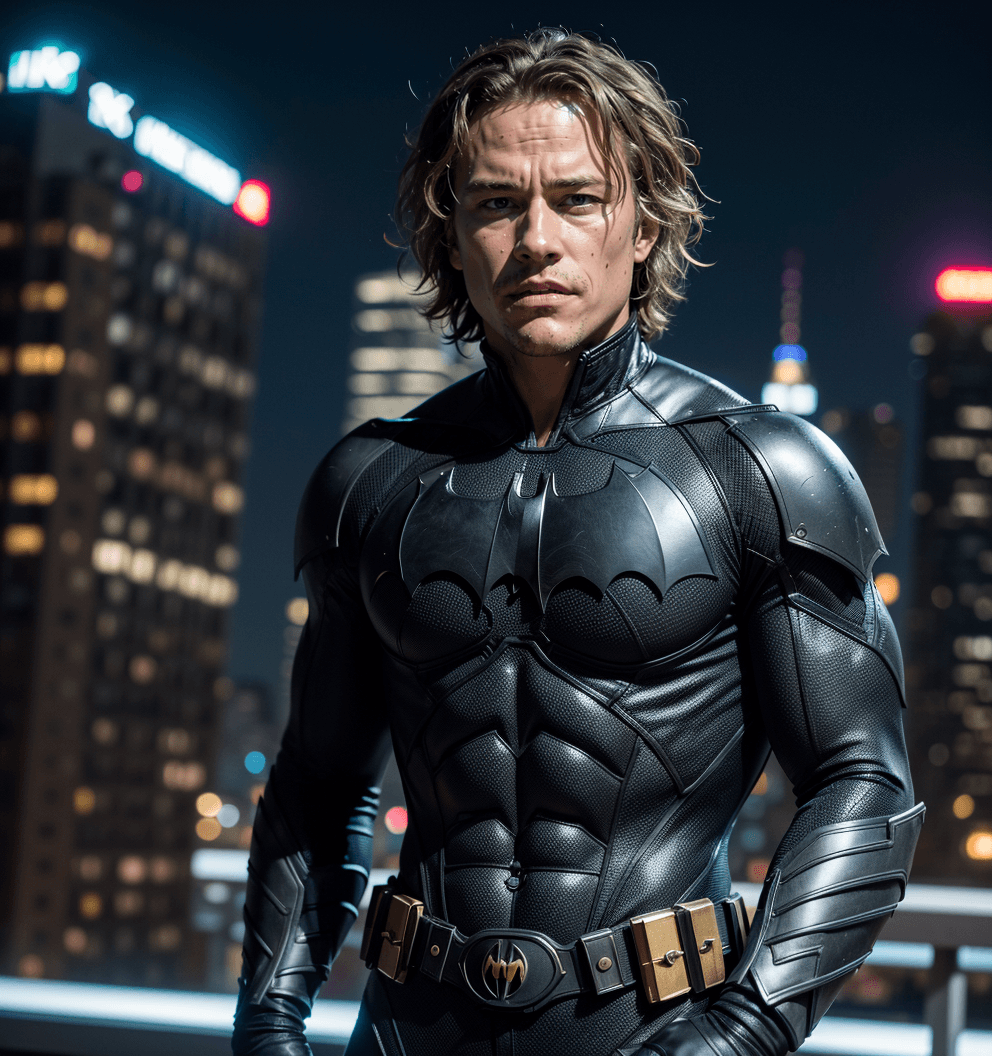 AI generated: Medium Long Shot, looking_at_ viewer, Heath Ledger wearing a Batman costume, New York street in the ...
