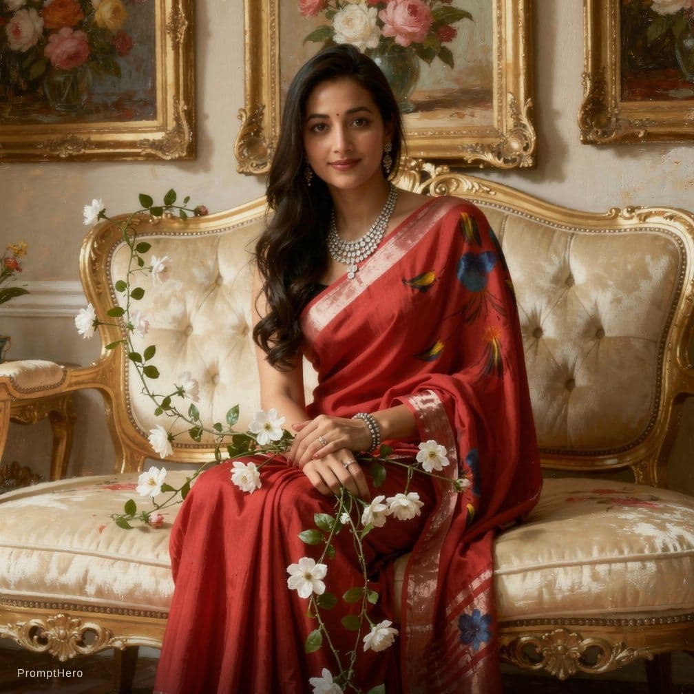 AI generated: A stunning, ethereal portrait of a beautiful young woman with long,  hair, sitting gracefully on an ...