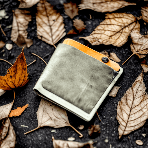 AI generated: Dry dusty leaves in the pockets of an abandoned wallet lying on the ground Style: goth