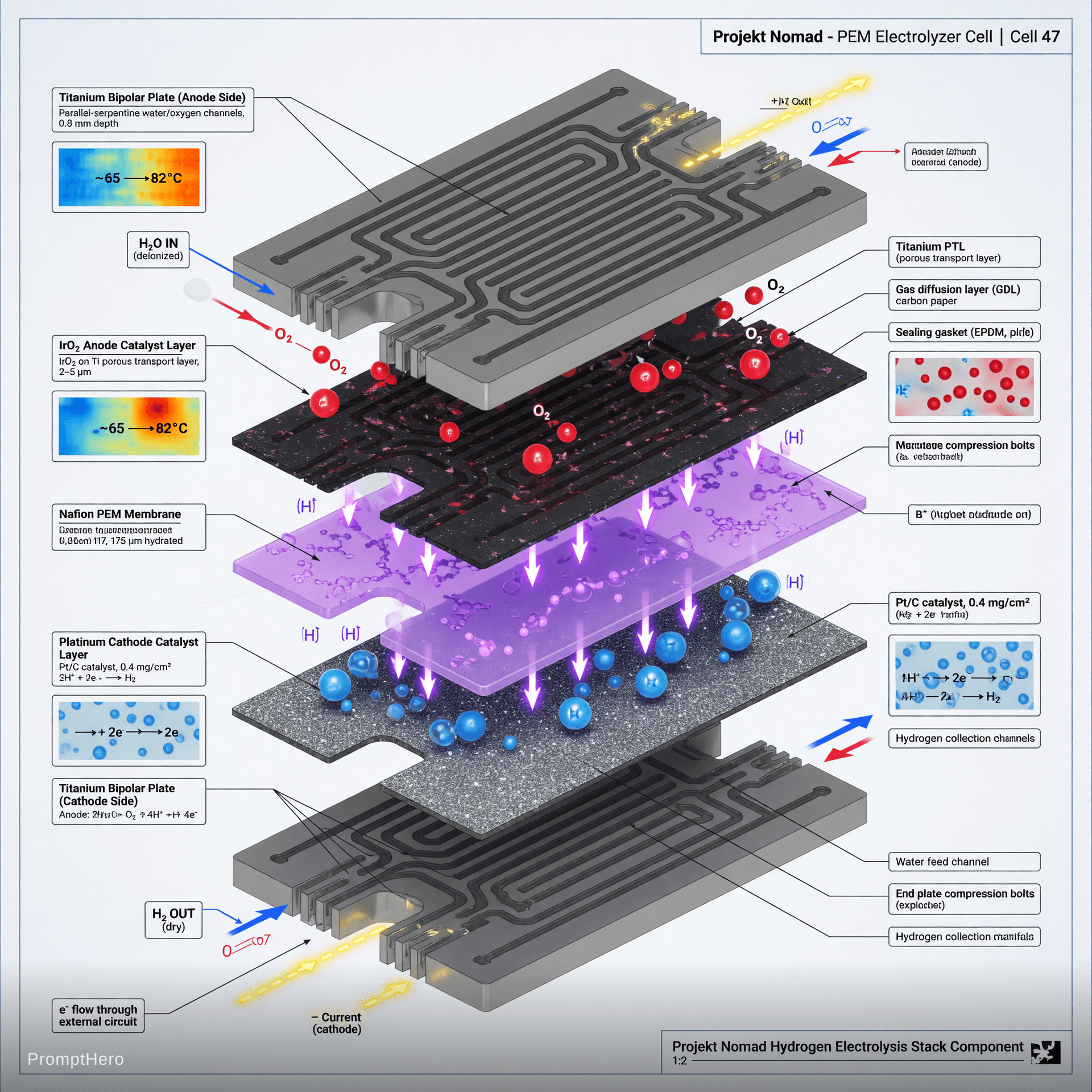 AI generated: Highly detailed professional technical exploded isometric cutaway view of a PEM electrolyzer cell fo...