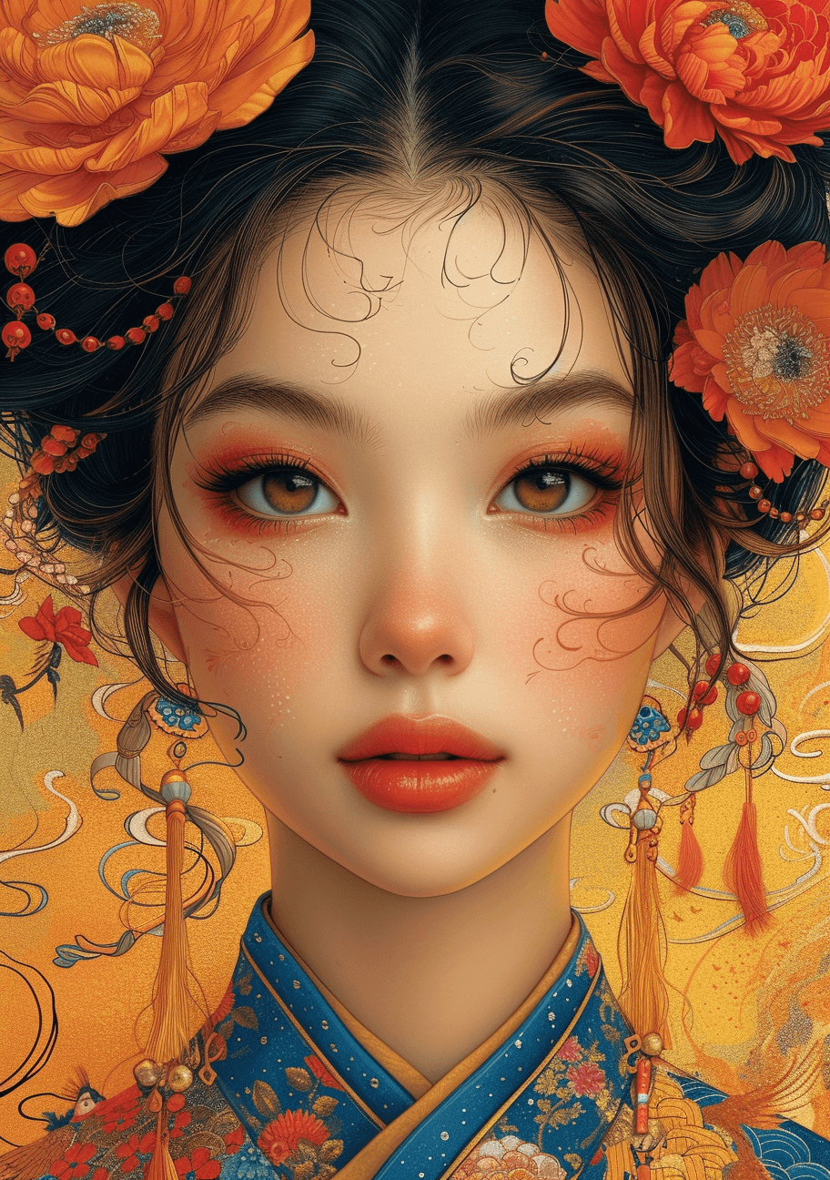 AI generated: spirographing, in the style of feminine portraiture, dark orange and light gold, asian-inspired moti...