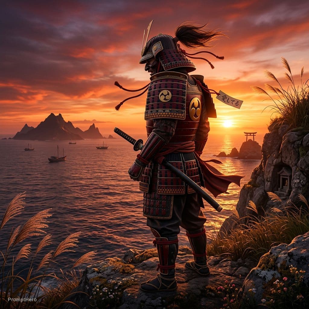 AI generated: Samurai stands at sunset in japan and looks into the distance, in dynamics, highly detailed, packed ...